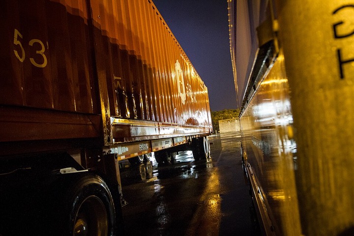 Truck stop in the rain